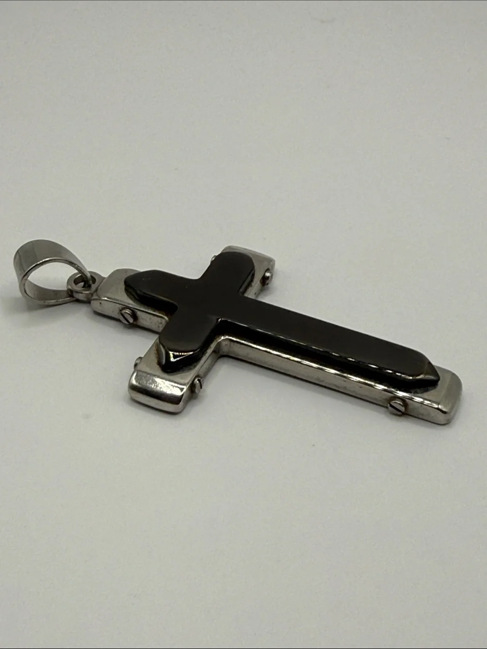 Vintage Stainless Steel Silver Black Onyx Cross Large Statement Pendant